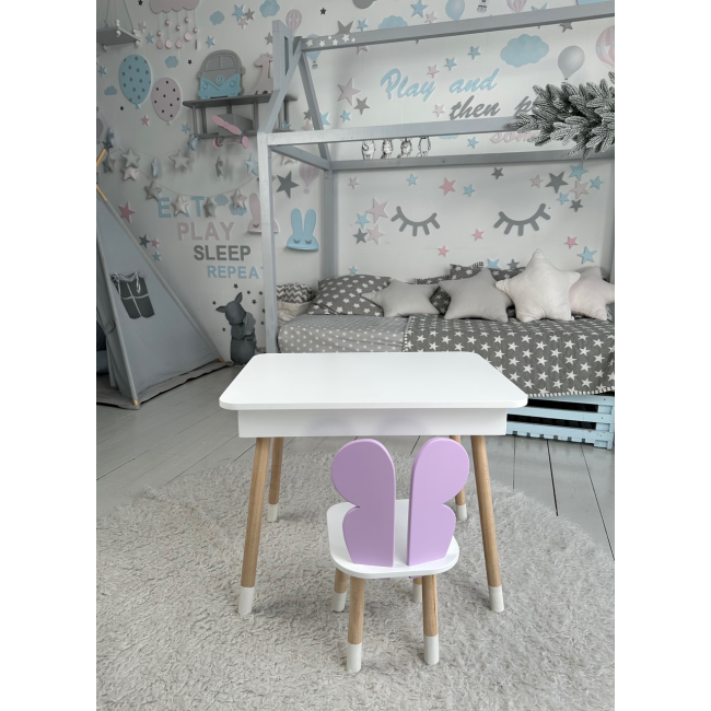 Столик с откидным верхом 53х60х45 и стульчик крылья бабочки 26.5х26х25, стол и стул для детей от 1 года, белый с фиолетовым