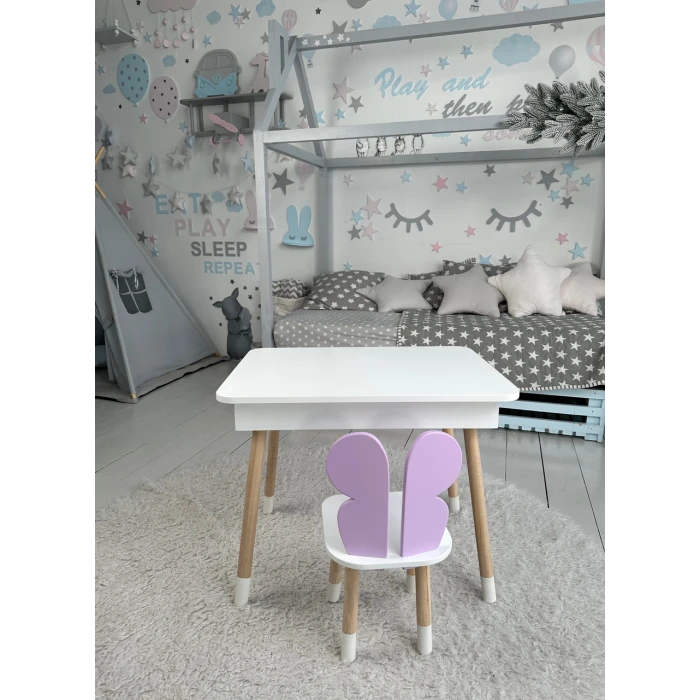 Столик с откидным верхом 53х60х45 и стульчик крылья бабочки 26.5х26х25, стол и стул для детей от 1 года, белый с фиолетовым