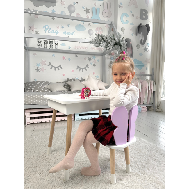 Столик с откидным верхом 53х60х45 и стульчик крылья бабочки 26.5х26х25, стол и стул для детей от 1 года, белый с фиолетовым