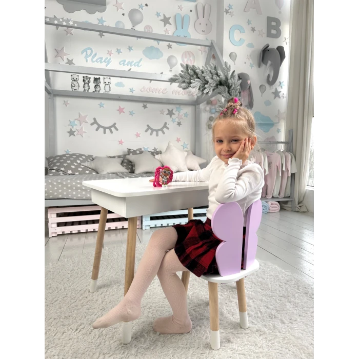 Столик с откидным верхом 53х60х45 и стульчик крылья бабочки 26.5х26х25, стол и стул для детей от 1 года, белый с фиолетовым