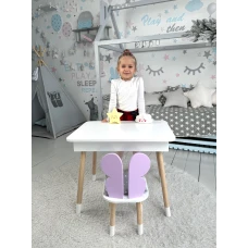 Столик з відкидним верхом 53х60х45 і стільчик крила метелика 26.5х26х25, стіл та стілець для дітей від 1 року, білий з фіолетовим