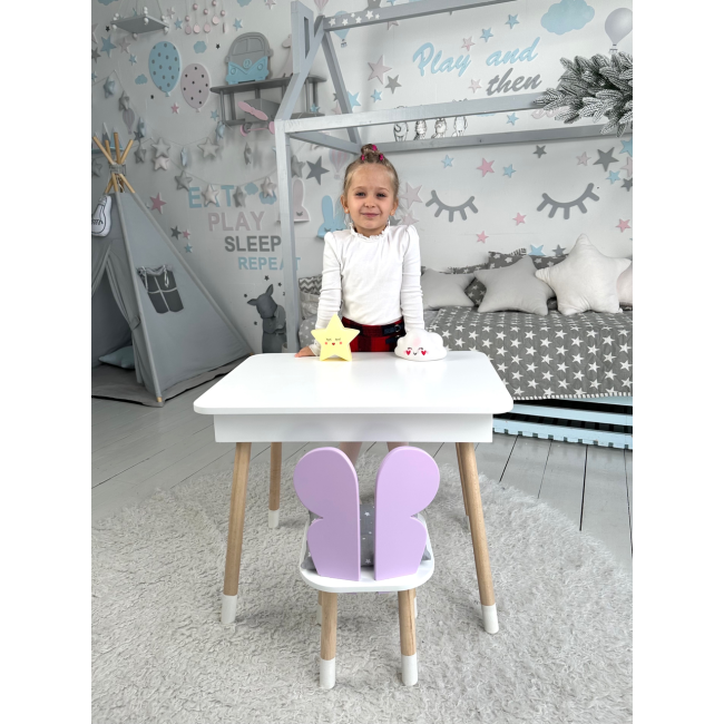 Столик с откидным верхом 53х60х45 и стульчик крылья бабочки 26.5х26х25, стол и стул для детей от 1 года, белый с фиолетовым
