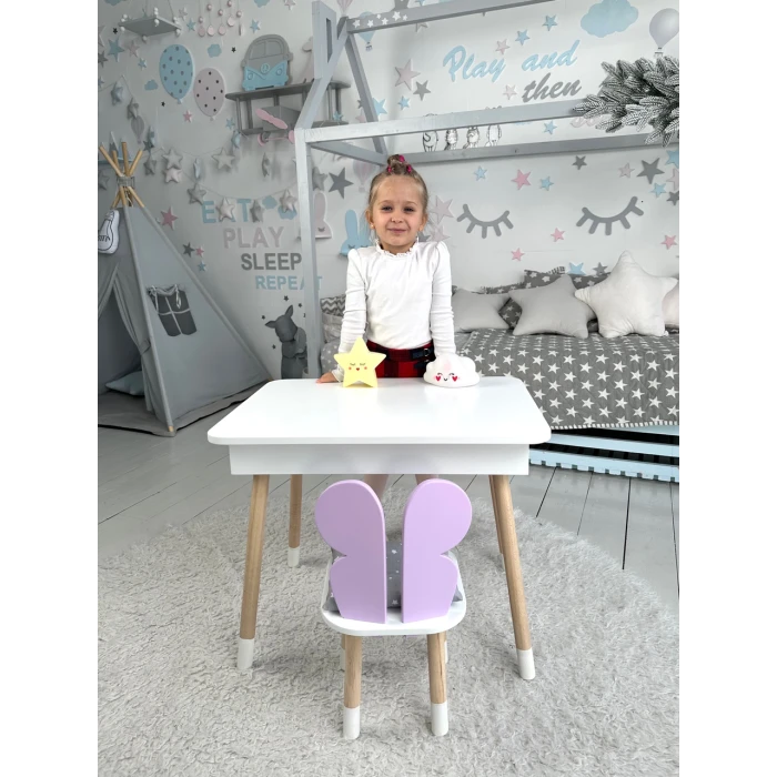 Столик с откидным верхом 53х60х45 и стульчик крылья бабочки 26.5х26х25, стол и стул для детей от 1 года, белый с фиолетовым