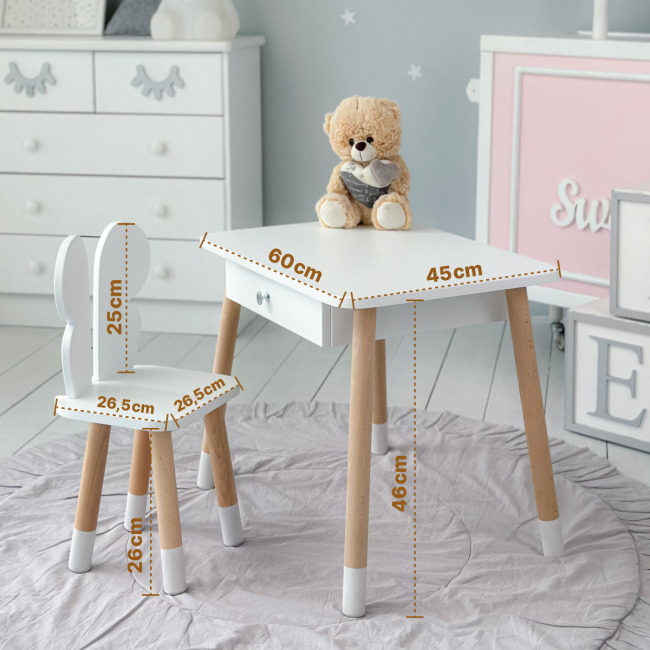 Стол прямоугольный с ящиком 46х60х45 и стул бабочка 26.5х26х25, столик и стульчик в детский, белый