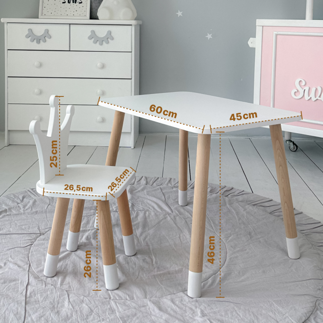 Стол прямоугольный 46х60х45 и стул корона 26.5х26х25, столик и стульчик для мальчика, белый