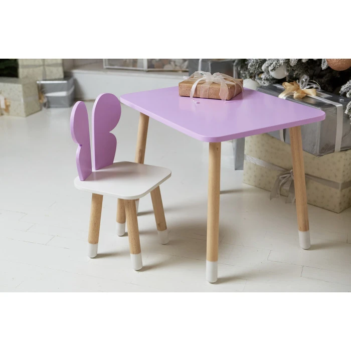 Дитячий стіл 46х60х45 і стілець крильця метелика 26.5х26х25, столик та стільчик для дівчачої кімнати, фіолетовий з білим