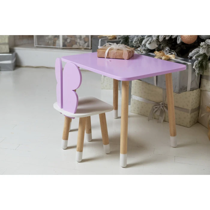 Дитячий стіл 46х60х45 і стілець крильця метелика 26.5х26х25, столик та стільчик для дівчачої кімнати, фіолетовий з білим