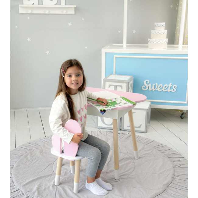Столик облачко с нишей 54х68х50 и стульчик спинка в форме бабочки 26.5х26х25, стол и стул в детскую, розовый с белым