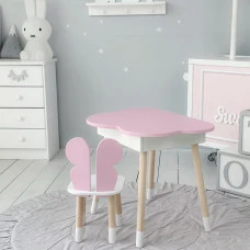 Столик облачко с нишей 54х68х50 и стульчик спинка в форме бабочки 26.5х26х25, стол и стул в детскую, розовый с белым