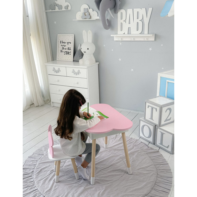 Столик облачко с нишей 54х68х50 и стульчик спинка в форме бабочки 26.5х26х25, стол и стул в детскую, розовый с белым