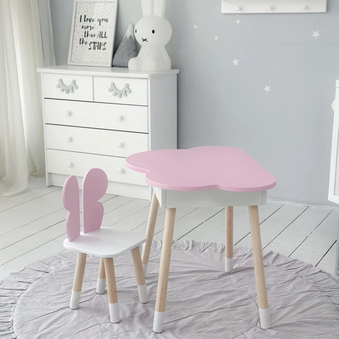 Столик хмаринка з нішею 54х68х50 і стільчик спинка в формі метелика 26.5х26х25, стіл та стілець в дитячу, рожевий з білим