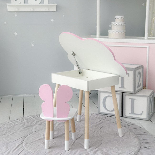 Столик облачко с нишей 54х68х50 и стульчик спинка в форме бабочки 26.5х26х25, стол и стул в детскую, розовый с белым