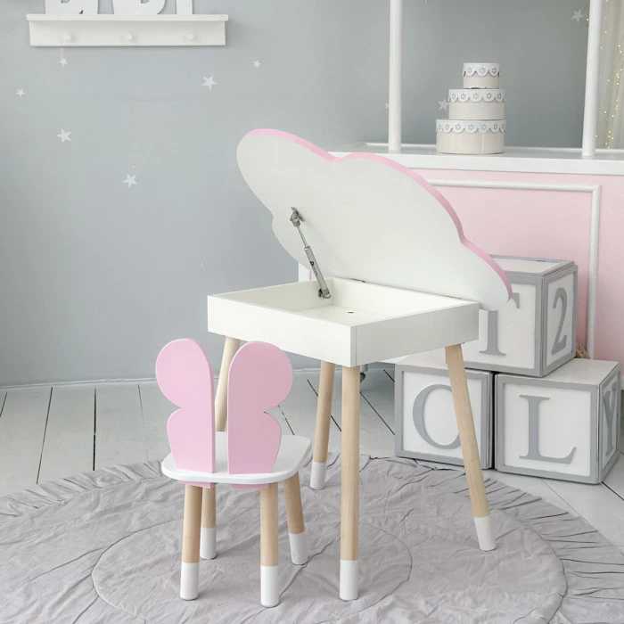 Столик хмаринка з нішею 54х68х50 і стільчик спинка в формі метелика 26.5х26х25, стіл та стілець в дитячу, рожевий з білим