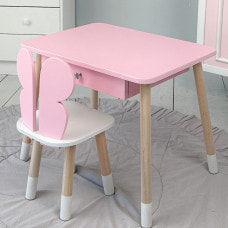 Стол прямоугольный с ящиком для вещей 46х60х45 и стул бабочка 26.5х26х25, столик и стульчик в детскую, розовый с белым