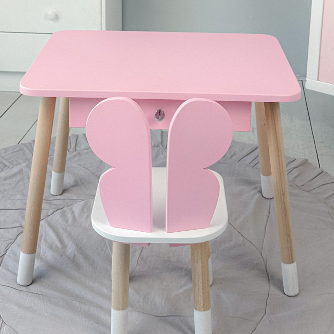 Стол прямоугольный с ящиком для вещей 46х60х45 и стул бабочка 26.5х26х25, столик и стульчик в детскую, розовый с белым