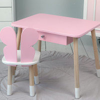 Стол прямоугольный с ящиком для вещей 46х60х45 и стул бабочка 26.5х26х25, столик и стульчик в детскую, розовый с белым
