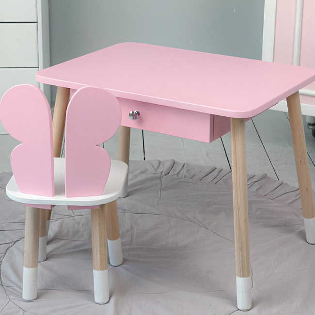 Стол прямоугольный с ящиком для вещей 46х60х45 и стул бабочка 26.5х26х25, столик и стульчик в детскую, розовый с белым