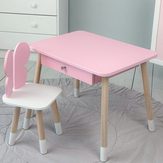 Стол прямоугольный с ящиком для вещей 46х60х45 и стул бабочка 26.5х26х25, столик и стульчик в детскую, розовый с белым