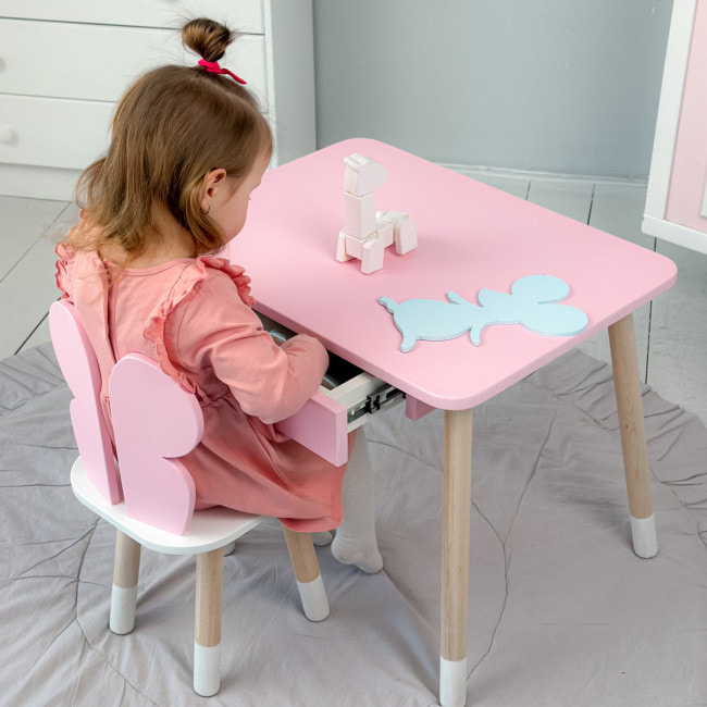 Стол прямоугольный с ящиком для вещей 46х60х45 и стул бабочка 26.5х26х25, столик и стульчик в детскую, розовый с белым