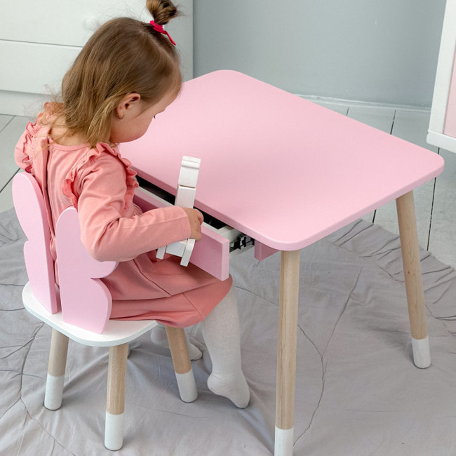 Стол прямоугольный с ящиком для вещей 46х60х45 и стул бабочка 26.5х26х25, столик и стульчик в детскую, розовый с белым