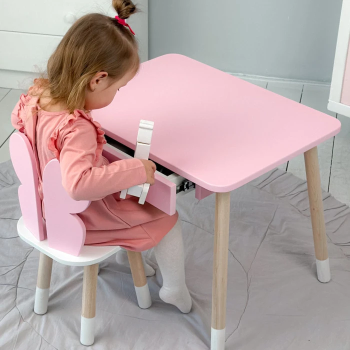 Стіл прямокутний з ящиком для речей 46х60х45 і стілець метелик 26.5х26х25, столик та стільчик в дитячу, рожевий з білим