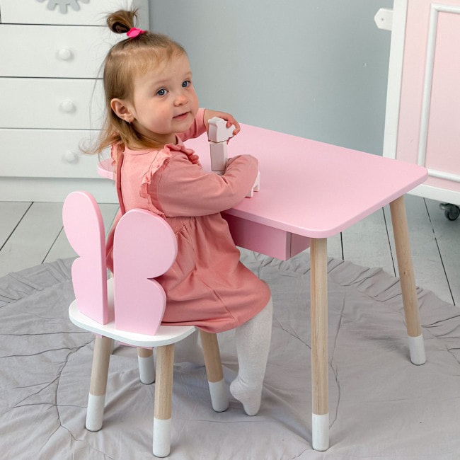Стол прямоугольный с ящиком для вещей 46х60х45 и стул бабочка 26.5х26х25, столик и стульчик в детскую, розовый с белым
