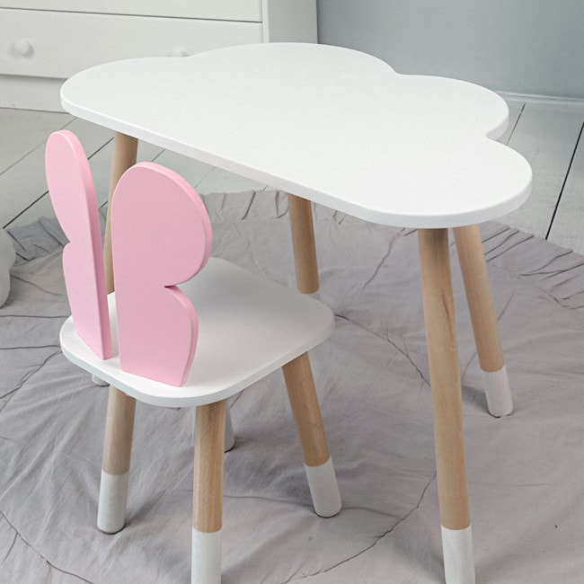 Детский столик облако 46х70х40 и стул бабочка 26.5х26х25, стульчик и стол для учебы и творчества, белый с розовым