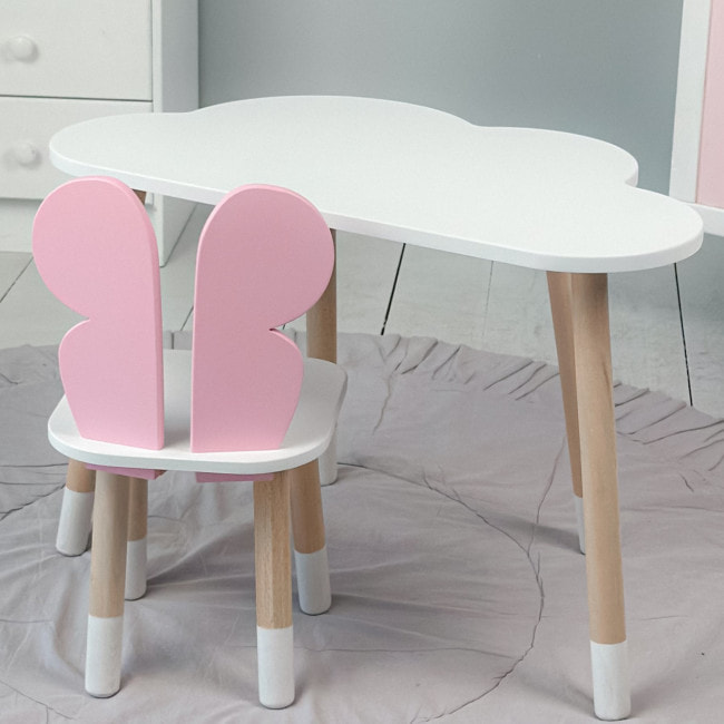 Детский столик облако 46х70х40 и стул бабочка 26.5х26х25, стульчик и стол для учебы и творчества, белый с розовым