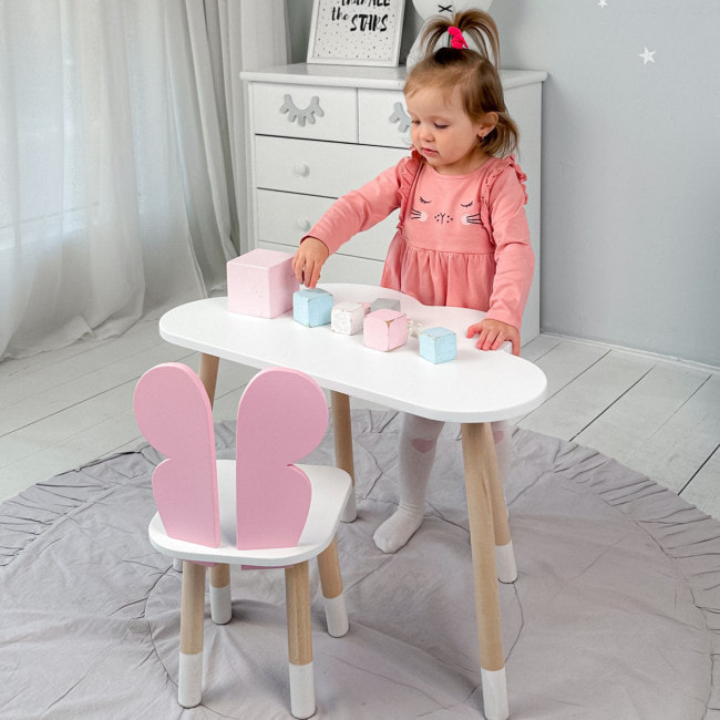 Детский столик облако 46х70х40 и стул бабочка 26.5х26х25, стульчик и стол для учебы и творчества, белый с розовым