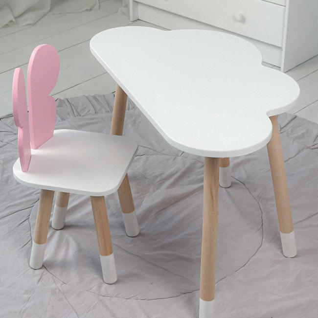 Детский столик облако 46х70х40 и стул бабочка 26.5х26х25, стульчик и стол для учебы и творчества, белый с розовым