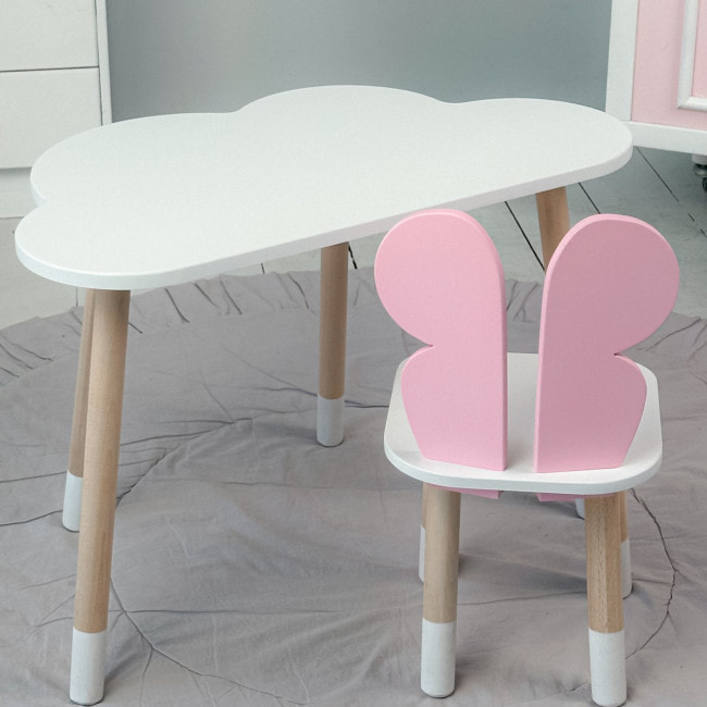 Детский столик облако 46х70х40 и стул бабочка 26.5х26х25, стульчик и стол для учебы и творчества, белый с розовым