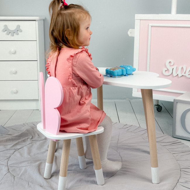 Детский столик облако 46х70х40 и стул бабочка 26.5х26х25, стульчик и стол для учебы и творчества, белый с розовым