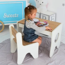 Удобный столик в детскую комнату 70×45×51, детский игральный стол с ящиком, белый с деревом