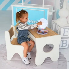 Удобный столик в детскую комнату 70×45×51, детский игральный стол с ящиком, белый с деревом