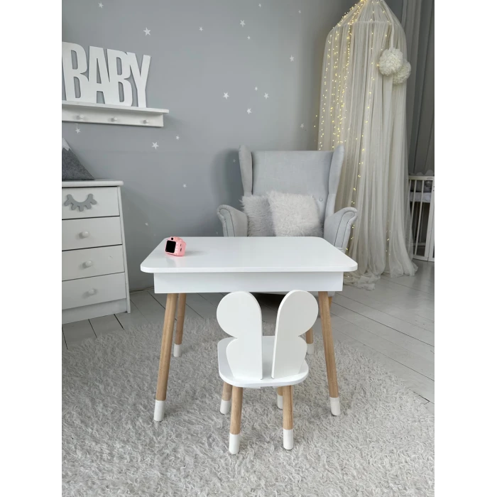 Столик з відкидним верхом 53х60х45 і стільчик метелик 26.5х26х25, стіл та стілець для злопчика від 1 року, білий