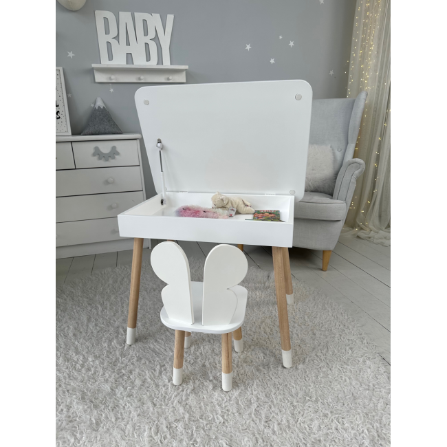 Столик с откидным верхом 53х60х45 и стульчик бабочка 26.5х26х25, стол и стул для мальчика от 1 года, белый