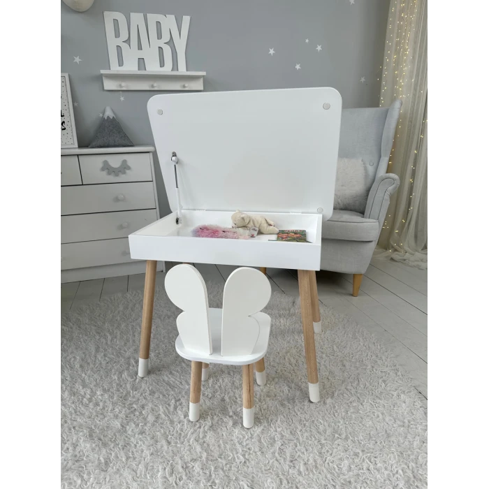 Столик з відкидним верхом 53х60х45 і стільчик метелик 26.5х26х25, стіл та стілець для злопчика від 1 року, білий