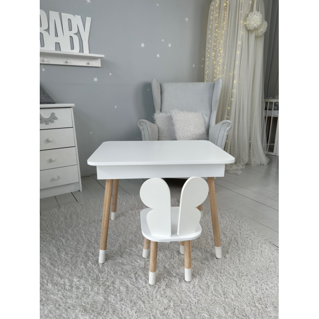 Столик с откидным верхом 53х60х45 и стульчик бабочка 26.5х26х25, стол и стул для мальчика от 1 года, белый
