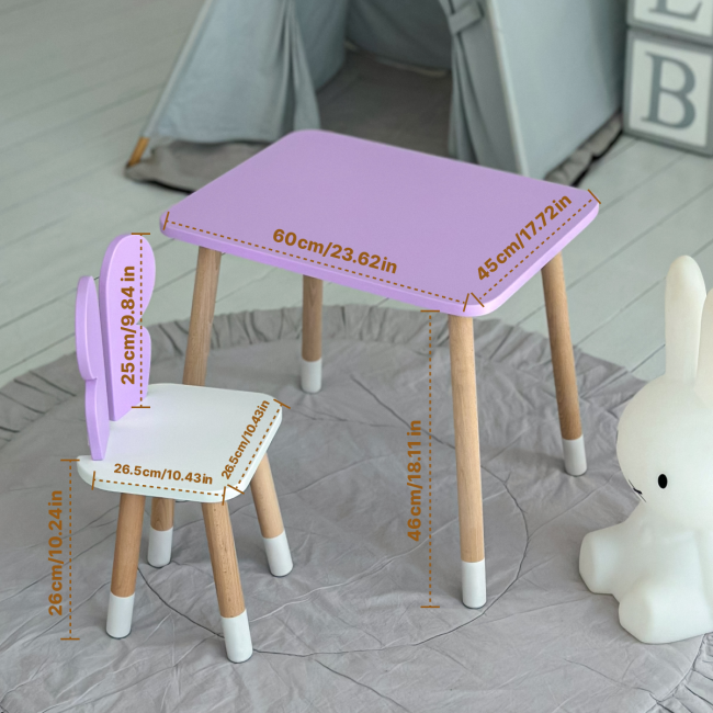 Детский стол 46х60х45 и стул крылышка бабочки 26.5х26х25, столик и стульчик для девичьей комнаты, фиолетовый с белым