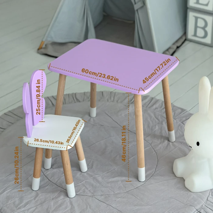 Дитячий стіл 46х60х45 і стілець крильця метелика 26.5х26х25, столик та стільчик для дівчачої кімнати, фіолетовий з білим