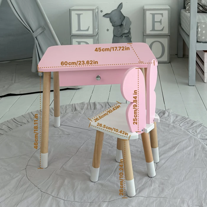 Стіл прямокутний з ящиком для речей 46х60х45 і стілець метелик 26.5х26х25, столик та стільчик в дитячу, рожевий з білим