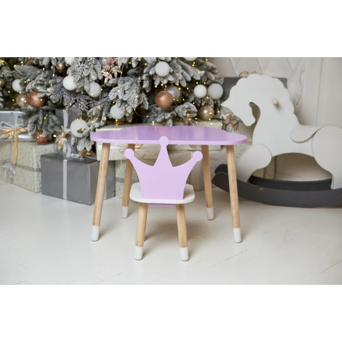 Стіл хмарка 46х70х40 та стільчик коронка 26.5х26х25, дитячий столик та стілець для малювання/занять, фіолетовий з білим