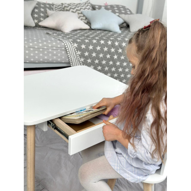 Стол прямоугольный с ящиком 46х60х45 и стул бабочка 26.5х26х25, столик и стульчик для девичьей комнаты, розовый с белым