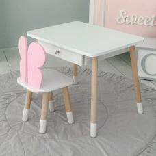 Стол прямоугольный с ящиком 46х60х45 и стул бабочка 26.5х26х25, столик и стульчик для девичьей комнаты, розовый с белым