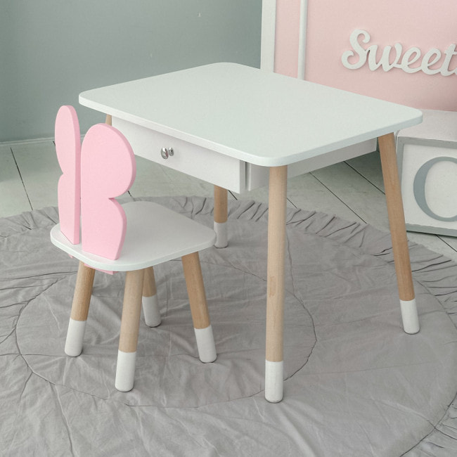 Стол прямоугольный с ящиком 46х60х45 и стул бабочка 26.5х26х25, столик и стульчик для девичьей комнаты, розовый с белым