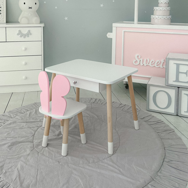 Стол прямоугольный с ящиком 46х60х45 и стул бабочка 26.5х26х25, столик и стульчик для девичьей комнаты, розовый с белым