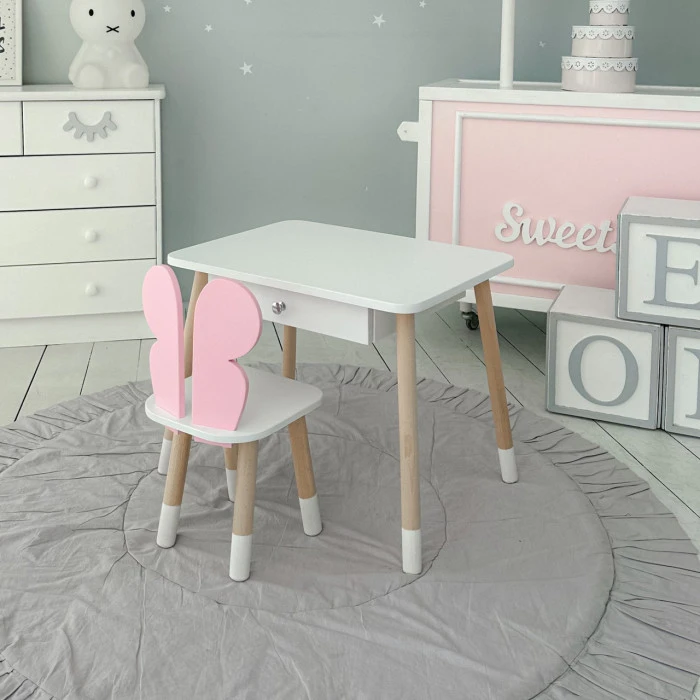 Стіл прямокутний з шухлядою 46х60х45 і стілець метелик 26.5х26х25, столик та стільчик для дівчачої кімнати, рожевий з білим
