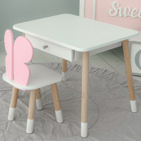 Стол прямоугольный с ящиком 46х60х45 и стул бабочка 26.5х26х25, столик и стульчик для девичьей комнаты, розовый с белым