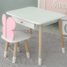 Стіл прямокутний з шухлядою 46х60х45 і стілець метелик 26.5х26х25, столик та стільчик для дівчачої кімнати, рожевий з білим