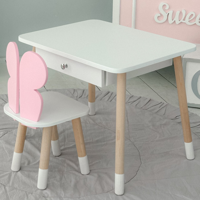 Стол прямоугольный с ящиком 46х60х45 и стул бабочка 26.5х26х25, столик и стульчик для девичьей комнаты, розовый с белым